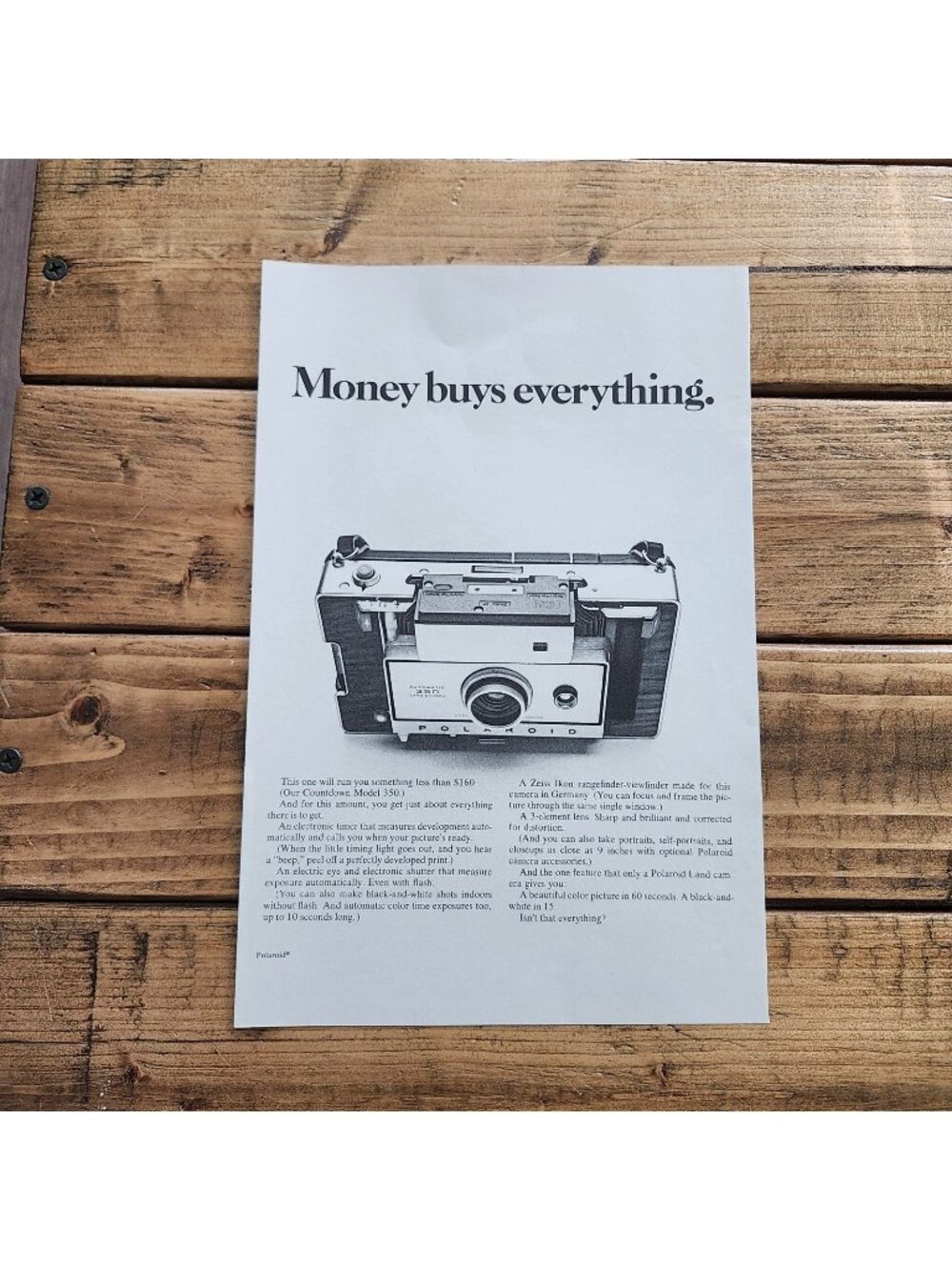 Vintage 1970 Polaroid 350 Land Camera Money Buys Everything Print Ad